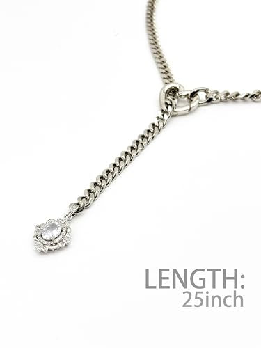 Women's Heart O-Ring Slip Chain Necklace, Double Layered Adjustable 39'' Cuban Chain with Detachable Heart Clasp and Colorful Rhinestone Pendant - color: 25'' Silver-Crystal White