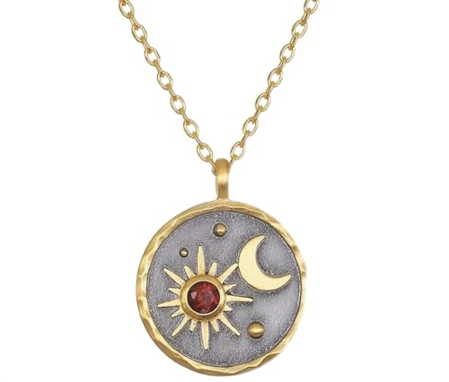 Gold Sun Moon and Stars Pendant Necklace with Birthstone Crystals as Center of Sun, Two-Tone Stainless Steel, Celestial Theme, Astrology Gift for Women, 16-20 Inch Adjustable Cable Chain - color: Jan Garnet