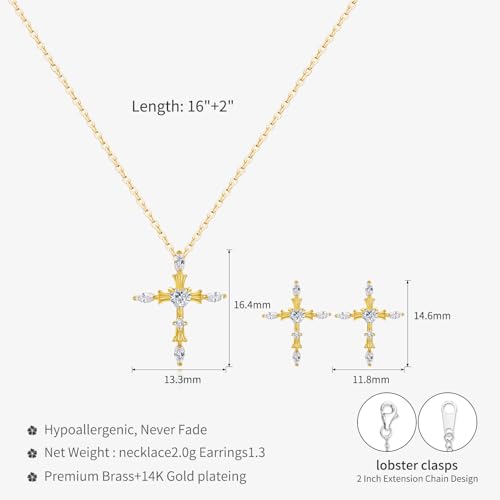 14K Gold Plated | 14K Platinum Plated Necklace for Women Necklace Earrings Set with Sparkling Zircon Inlay and Silver Post Earrings - color: Cross set Gold