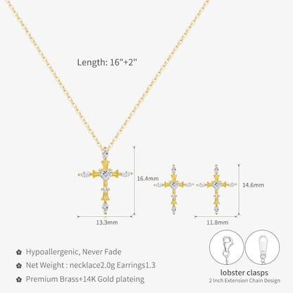 14K Gold Plated | 14K Platinum Plated Necklace for Women Necklace Earrings Set with Sparkling Zircon Inlay and Silver Post Earrings - color: Cross set Gold