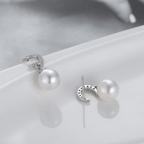 Double Pearl Drop Earrings for Women 925 Sterling Silver | 18k Gold Plated Big Large Pearl Dangle Earrings Pearl Dangling Stud Earring Bridal Wedding Jewelry Birthday Gifts for Mom - color: G-Silver Moon