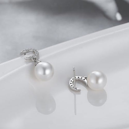 Double Pearl Drop Earrings for Women 925 Sterling Silver | 18k Gold Plated Big Large Pearl Dangle Earrings Pearl Dangling Stud Earring Bridal Wedding Jewelry Birthday Gifts for Mom - color: G-Silver Moon
