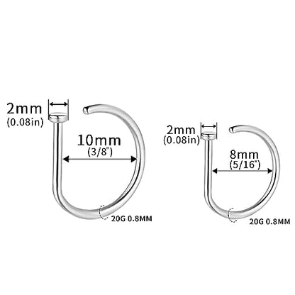 VOJO G23 Titanium 20G Nose Rings Hoops L Shaped Screw Nose Studs Diamond Small Piercing Jewelry for Women Men - color: D Nose Hoop Silver,20G 8mm+10mm
