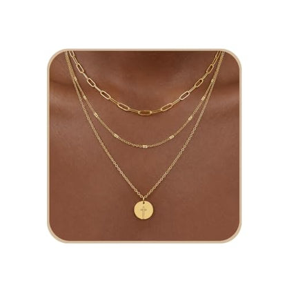 Glowave 14K Gold Plated Layered Stack Chunky Coin Cross Necklace for Women