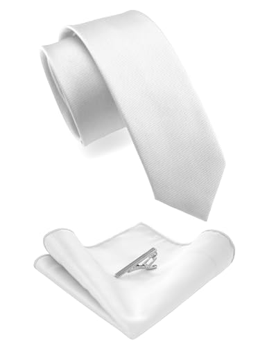 JEMYGINS 2.4" Solid Color Skinny Tie and Pocket Square with Tie Clip Sets for Men (6cm) - color: White2