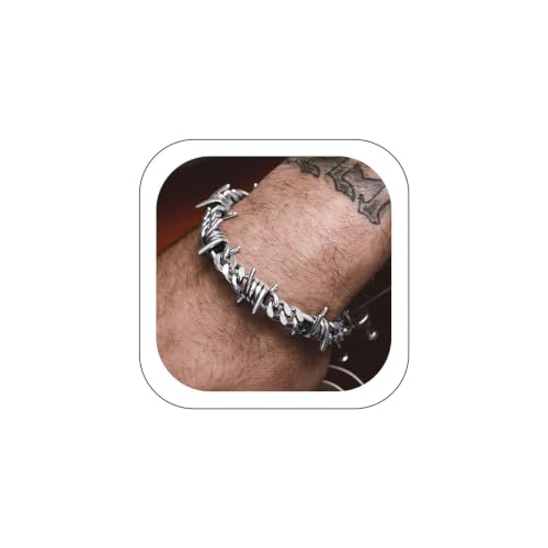Bandmax Barbed Wire Chain Bracelets for Men Women Stainless Steel/Black/Gold Thorn Cuban Link Bracelet Adjustable Punk Emo Style Jewelry Gift - color: 01 9MM-Silver Tone