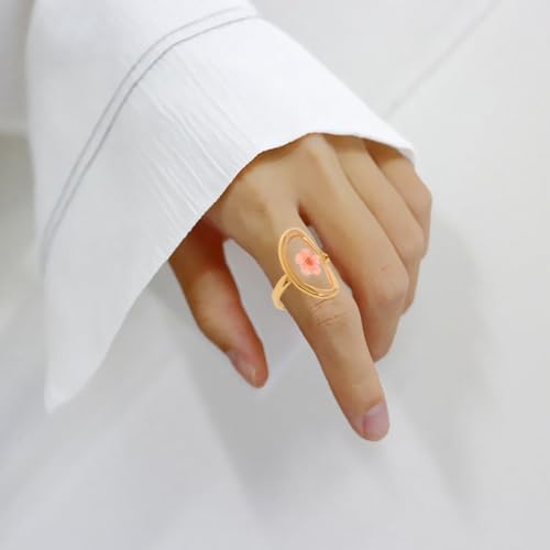 Hebelee Handmade Dried Flower Statement Ring for Women | Gold-Toned Stainless Steel,Adjustable,Pressed Blossom Forget-Me-Not Flowers Open Band Rings,Wedding Holiday Jewelry - color: Hammered Oval B