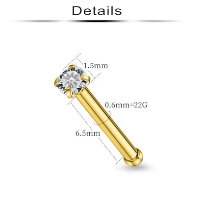 20Pcs Nose Rings Studs Surgical Steel L-Shape Nose Rings for Women 1.5mm 2mm Cubic Zirconia Nose Screw Studs Hypoallergenic Nose Piercings Jewelry 24g 22g 20g 18g - color: straight,goldtone, size: 22g,1.5mm CZ