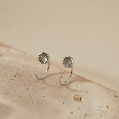 CHIC & ARTSY 925 Sterling Silver Half Hoop Earrings for Women, Dainty Huggie Hoops with Synthetic Opal, Moonstone, CZ & Gemstones, Lightweight Comfort Fit Everyday Elegant Jewelry - color: Synthetic Labradorite/Silver