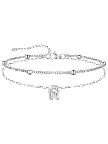 U7 Initial Ankle Bracelets for Women Silver/Gold Anklets Waterproof, 14K Gold Plated Layered Anklets Bracelet Stainless Steel Hypoallergenic 8.5"-10.5" - color: Silver-CZ, size: R