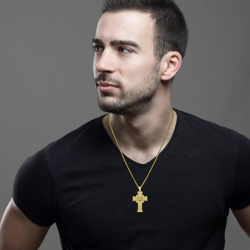 Celtic Cross Necklace For Men ，18K Gold Plated Celtic Cross Celtic Amulet Necklace Protection Jewelry Religious Gifts with 2.5mm 22"+2" Adjustable Rolo Chain - style: style3