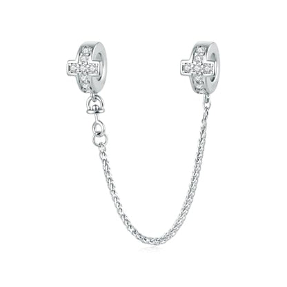 Heart Charm Clip Lock Spacer Stopper Charm Bead Bracelet 925 Sterling Silver Charms Safety Chain for Pandora Bracelets - color: Round Silver Safety Chain BSC1279