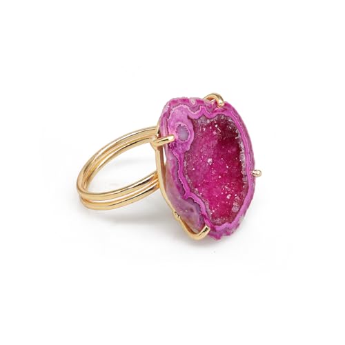 Elegant Geode Druzy Gemstone Statement Ring for Women, Adjustable Ring, Gold Plated Stone Size 20-25mm - color: Pink, style: 1