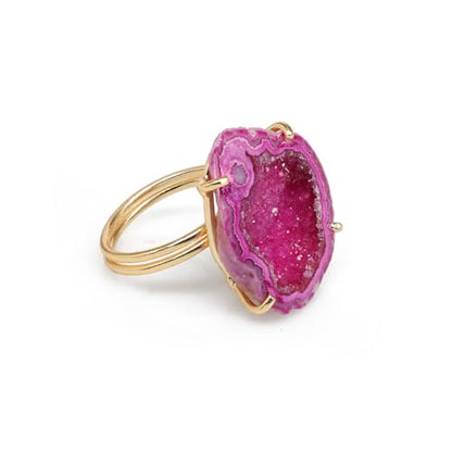 Elegant Geode Druzy Gemstone Statement Ring for Women, Adjustable Ring, Gold Plated Stone Size 20-25mm - color: Pink, style: 1