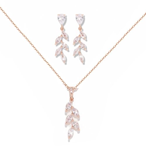 DHQH Bridesmaid Necklace Earrings Set Gifts I Couldn't Say I DO Without You Cubic Zirconia Leaf Pendant Necklace Bridesmaid Proposal Gift Set of 4 6 - color: rose-leaf-set
