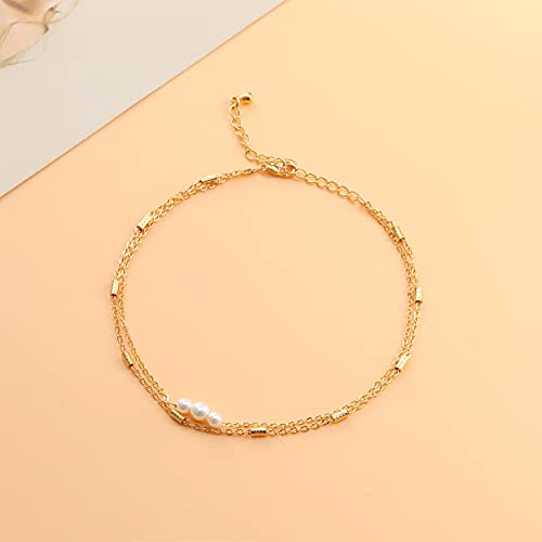 Pencros Dainty Layered Anklet,14K Gold Filled Cute Beads Satellite Chain Heart Boho Adjustable Anklets for Women - color: Layer Pearls Gold