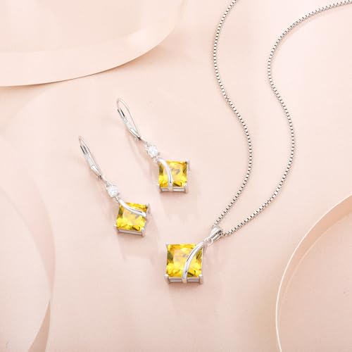 Square Princess Cut Necklace 925 Sterling Silver Solitaire Pendant Necklace Birthstone Jewelry Gifts for Women - color: 11 November - Citrine