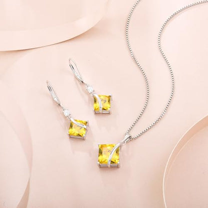 Square Princess Cut Necklace 925 Sterling Silver Solitaire Pendant Necklace Birthstone Jewelry Gifts for Women - color: 11 November - Citrine