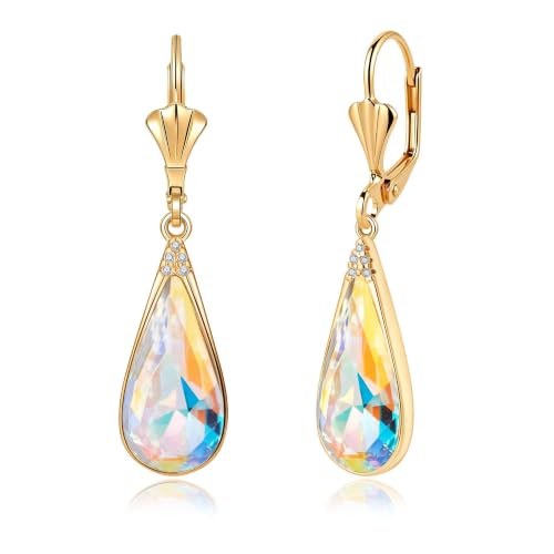 EVEVIC Teardrop Austrian Crystal Leverback Dangle Drop Earrings for Women | 14K Gold Plated,Classic Teardrop Elegance,Leverback for Easy Secure Wear,Gift Box Included, Brighten Up Daily and Party Looks - color: Aurora Borealis