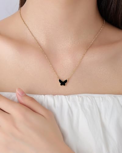 18K Gold Plated, Pt Plated Chain Necklace with Knot, Butterfly, Heart Pendant for Women, Delicate Minimalist Jewelry, 18-20 Inches - color: Black Butterfly