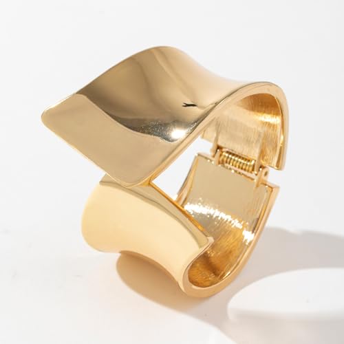 14K Gold Plated Open Cuff Bracelet for Women - Chunky Minimalist Geometric Arm Cuff, Adjustable Spring-Loaded Gold Bangle, Trendy Tarnish Resistant Statement Jewelry