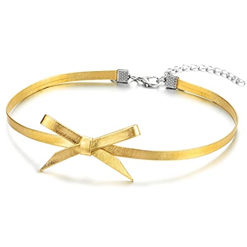 Ladies Leather Bow Choker Necklace Pendant - color: F-Gold Color