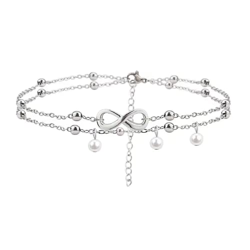 Jean Beau Infinity Beach Anklet bracelet for Women Teen Boho Waterproof Double Layered Dainty Beads Chain Charm Ankle Pearl dangling foot Jewelry Gift - color: Silver