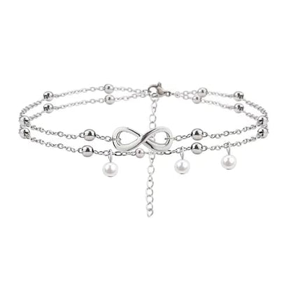 Jean Beau Infinity Beach Anklet bracelet for Women Teen Boho Waterproof Double Layered Dainty Beads Chain Charm Ankle Pearl dangling foot Jewelry Gift - color: Silver