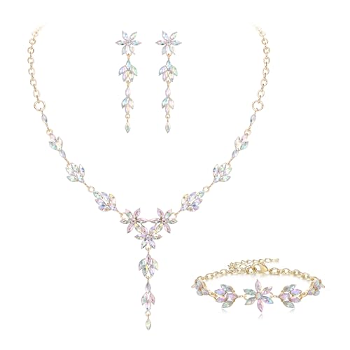 EVER FAITH Crystal Flower Wedding Prom Jewelry Set for Bride Bridesmaid | Rhinestone Costume Party Y-Shaped Necklace Dangle Earrings Bracelet, for Women - color: Iridescent AB Gold-Tone