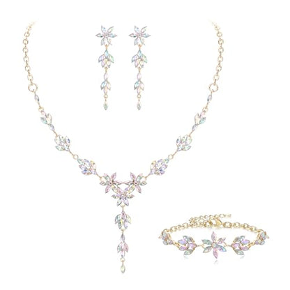 EVER FAITH Crystal Flower Wedding Prom Jewelry Set for Bride Bridesmaid | Rhinestone Costume Party Y-Shaped Necklace Dangle Earrings Bracelet, for Women - color: Iridescent AB Gold-Tone