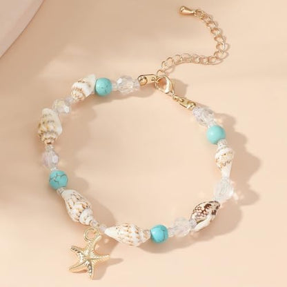 Shell Starfish Bracelet Seahorse Conch Starfish Sea Shell Pearls Charm Stone Bracelet Statement Bohemian Sea Themed Beach Jewelry for Women - color: Blue C