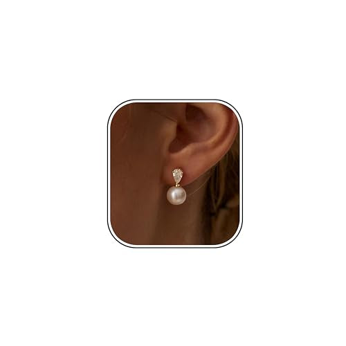 Pearl Earrings for Women:Gold Wedding Dangle Drop Earring Pearl Jewelry | 14K Gold Plated Pearl Drop Earrings for Women,Dainty Wedding Bride Earring Studs,Gold Dangle Drop Earring,Waterproof Jewelry - size: 1 pcs-2