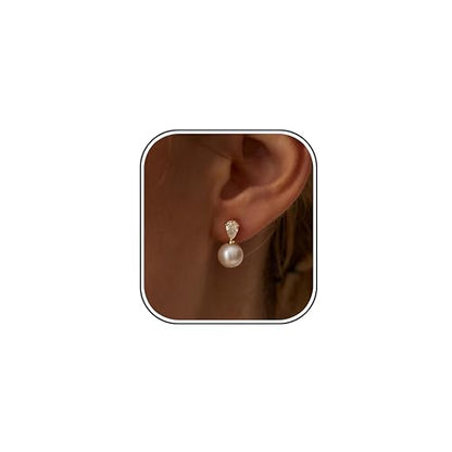 Pearl Earrings for Women:Gold Wedding Dangle Drop Earring Pearl Jewelry | 14K Gold Plated Pearl Drop Earrings for Women,Dainty Wedding Bride Earring Studs,Gold Dangle Drop Earring,Waterproof Jewelry - size: 1 pcs-2