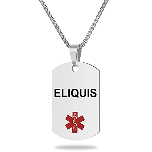 Medical Alert ID Necklace, Laser Engraved ELIQUIS, Stainless Steel Tag Pendant with 23.6 inch Chain for Men Women Emergency First Aid - color: Silver, size: ELIQUIS