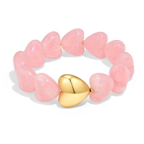 WOWORAMA Chunky Beaded Bracelets for Women Colorful Large Square Beads Bracelet Boho Acrylic Resin Stretch Bracelets Statement Chunky Bracelet Summer Jewelry - color: Heart-Pink