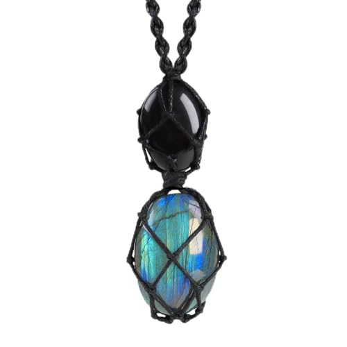 Anjiucc Handmade Crystal Cage Holder with Raw Gemstone Pendant Necklace Natural Stone Healing Crystal Necklace Adjustable Length - color: Labradorite+Black Obsidian