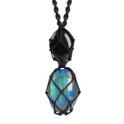 Anjiucc Handmade Crystal Cage Holder with Raw Gemstone Pendant Necklace Natural Stone Healing Crystal Necklace Adjustable Length - color: Labradorite+Black Obsidian
