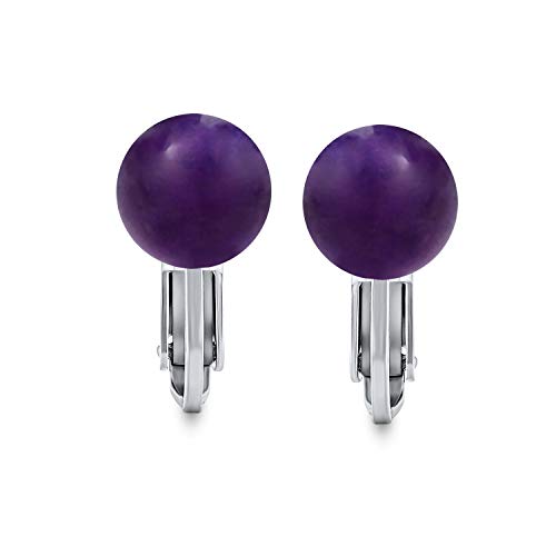 Classic Genuine Birthstone Ball Clip On Earrings .925 Sterling Silver 8MM - color: Purple