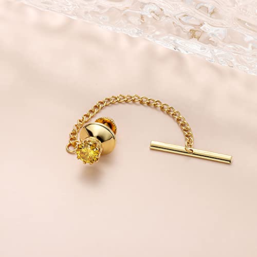 HAWSON Mens Tie Tack with Chain Round Crystal Wedding Business Accessories - color: Gold + Light Topaz