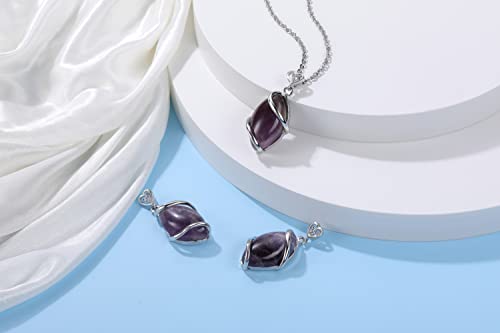 Jovivi Amethyst Rose Quartz Stone Necklace for Women Men, Full Wire Wrapped Natural Gemstone Reiki Healing Crystal Pendant Jewelry - color: Amethyst Crystal