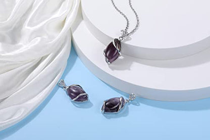 Jovivi Amethyst Rose Quartz Stone Necklace for Women Men, Full Wire Wrapped Natural Gemstone Reiki Healing Crystal Pendant Jewelry - color: Amethyst Crystal