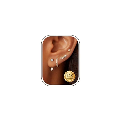 Small Gold Earring Stack Trendy 925 Sterling Silver Earrings for Women Hypoallergenic 14K Gold Plated Cubic Zirconia Stud Hoop Non Tarnish Huggie Hoop Earrings Set for Multiple Piercing Jewelry Gift - style: Gold: 1 Pairs of Hoops + 3 Pair of Studs