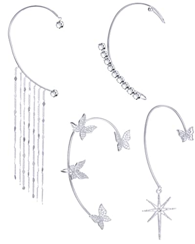 Tornito 4Pcs Butterfly Long Tassel Ear Cuff Dangle Chain Earrings Wrap Crawler CZ Ear Clip Wrap Around Fake Earrings for Women Silver Gold Tone Right Ear - color: A:Silver Tone(Right Ear)