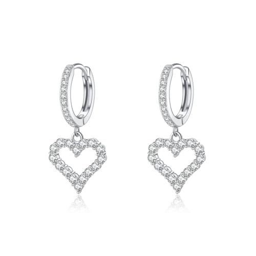 SLUYNZ 925 Sterling Silver CZ Sweet Love Hoop Earrings for Women Teens Hollow Heart Huggie Earrings Drop - color: A-SILVER