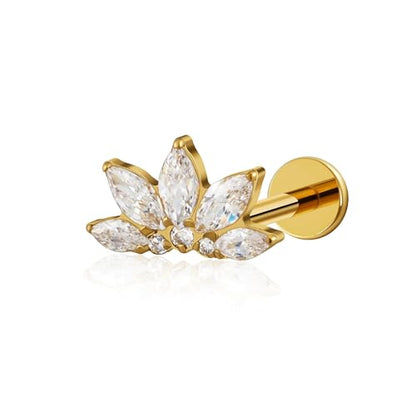 FINE4U 1PC ASTM F136 Titanium 16G Flatback Stud for Tragus, Helix, Conch 6mm 8mm - Screw on Cartilage Earring Piercing Jewelry - color: Flower CZ - Gold