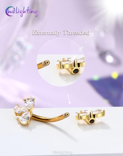 Melighting 14G Double Teardrop CZ Gold Belly Button Ring 316L Surgical Steel Navel Ring 3 Stone Drop Design Belly Bar Piercing Jewelry for Women 8 mm/10 mm - color: Gold, size: 14G8mm