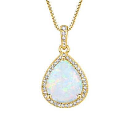 FJ Teardrop Pendant Necklace 925 Sterling Silver Birthstone Jewelry for Women - color: 10 October-Opal-Yellow Gold