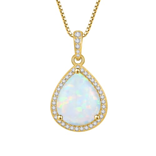 FJ Teardrop Pendant Necklace 925 Sterling Silver Birthstone Jewelry for Women - color: 10 October-Opal-Yellow Gold