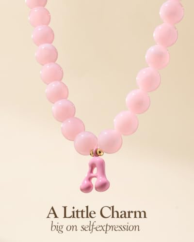 DoDoBeads Chunky Colorful Beaded Initial Necklace, Bubble Letter Choker | Gift box and dust pouch included; waterproof and sweat-resistant with real gold plated stainless steel hardware - color: Pink-A