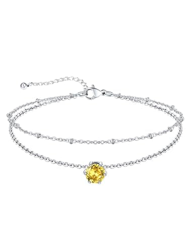 U7 Silver Ankle Bracelet for Women, Waterproof Layered Ankle Round Gem Birthstone Anklets, Summer Beach Foot Jewelry, Adjustable 8.5"-10.5" - color: 11.November-Yellow Topaz